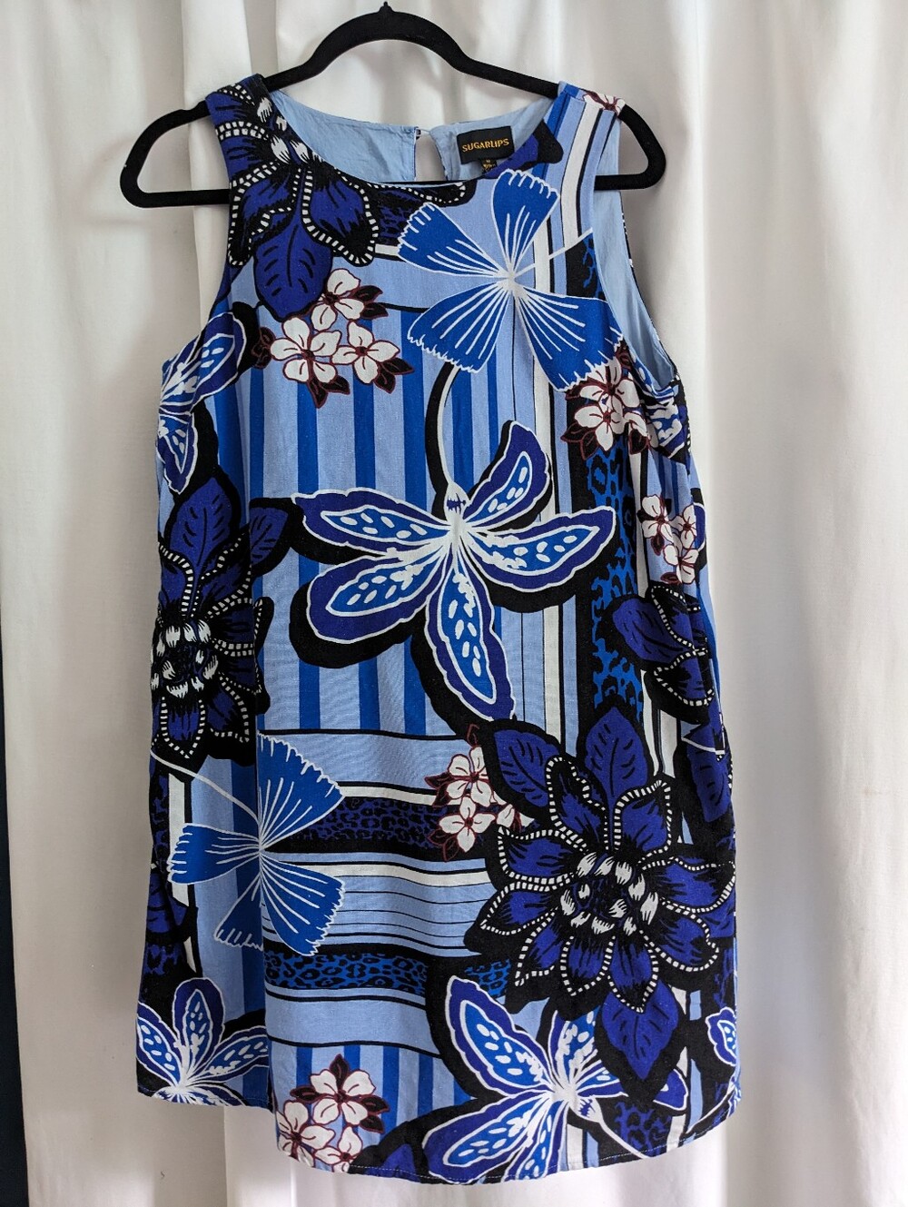Sugarlips Jabi Floral Shift Mini Dress Size M Blue Linen Blend Sleeveless